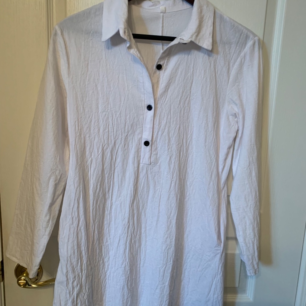 MINI WHITE LONG SLEEVE SHIFT DRESS - CRINKLED  COTTON